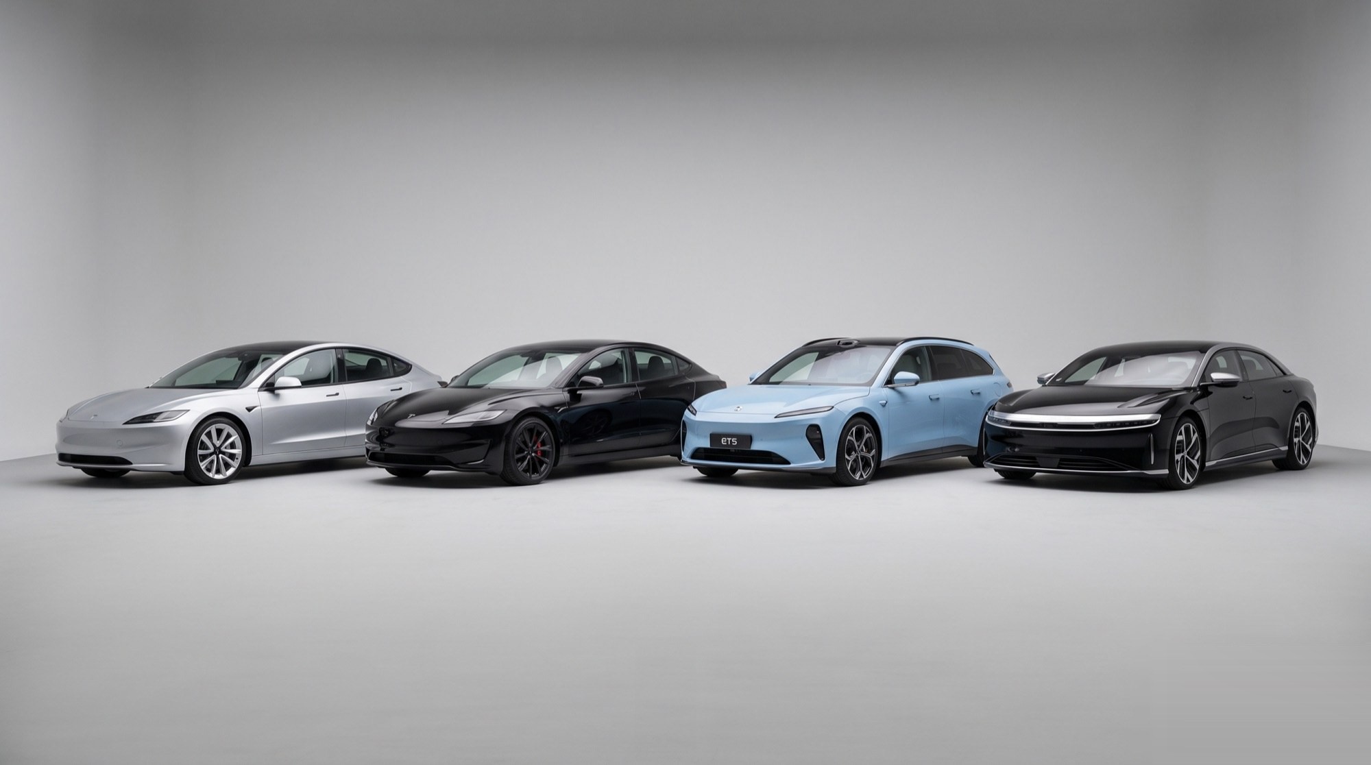 Our fleet: Tesla Model 3 Long Range, Model 3 Performance, NIO ET5 Touring and Lucid Air